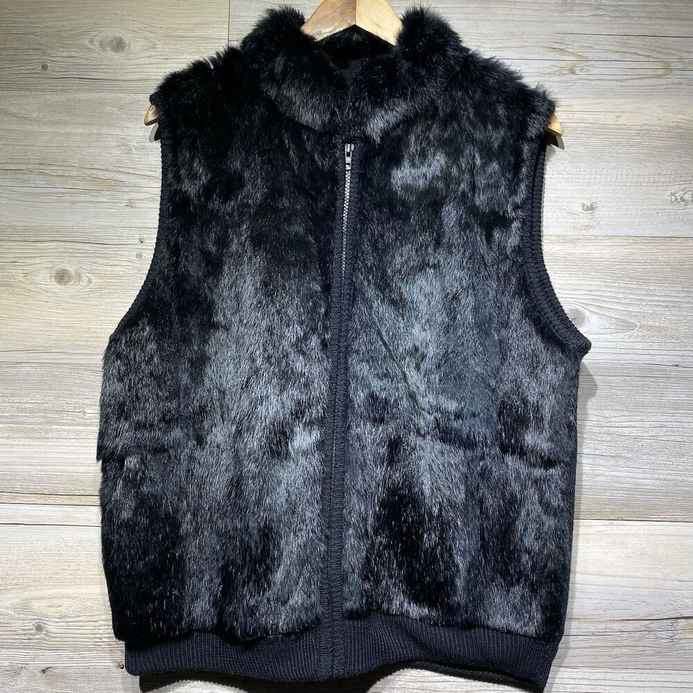 Rochelle California Black Rabbit Fur & Knit Full-Zip Vest Size Large Mob Wife